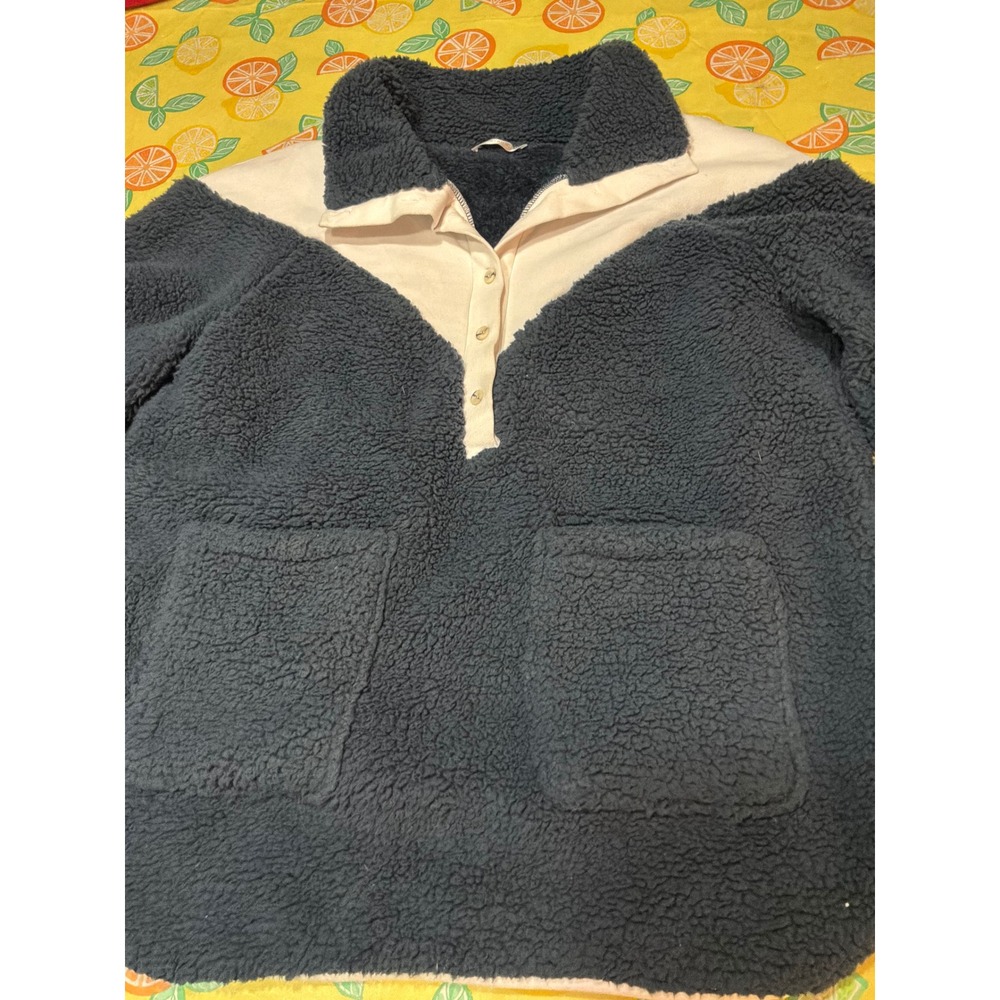KIRUNDO Sherpa Fleece Pullover Womens Medium Blue Cream Colorblock Button Henley